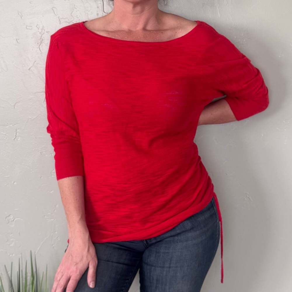 Express Red 3/4 Sleeve Wide Neck/Off the Shoulder Top w/Adjustable Side Ruching - Picture 2 of 7